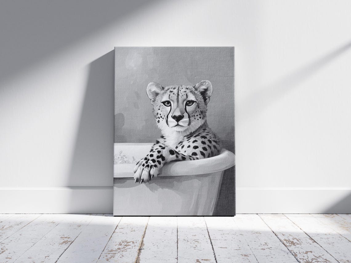 Cheetah In A Bubble Bath Black And White Minimalist Art Poster - Image 2