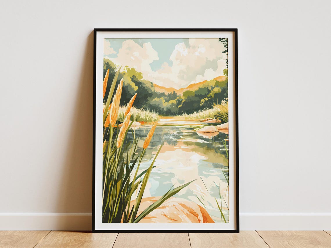 Peaceful River with Golden Cattails and Soft Morning Clouds Poster