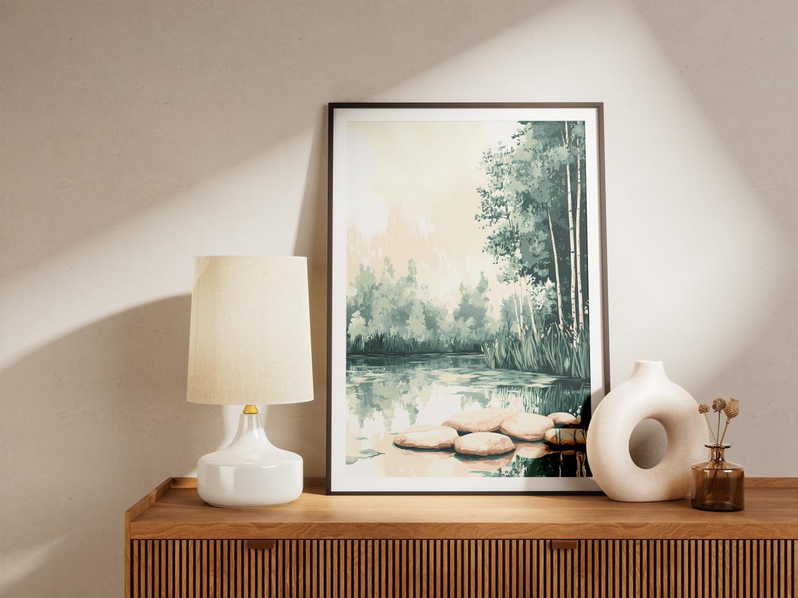 Misty Morning Pond With Stepping Stones And Birch Trees Poster - Image 5