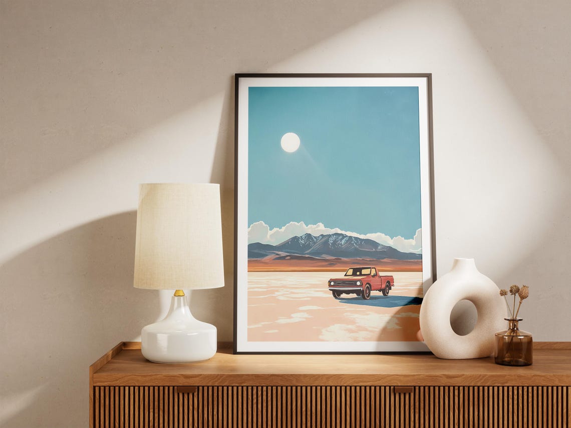 Vintage Red Pickup Truck on Vast Desert Salt Flat Poster Road Trip - Image 5