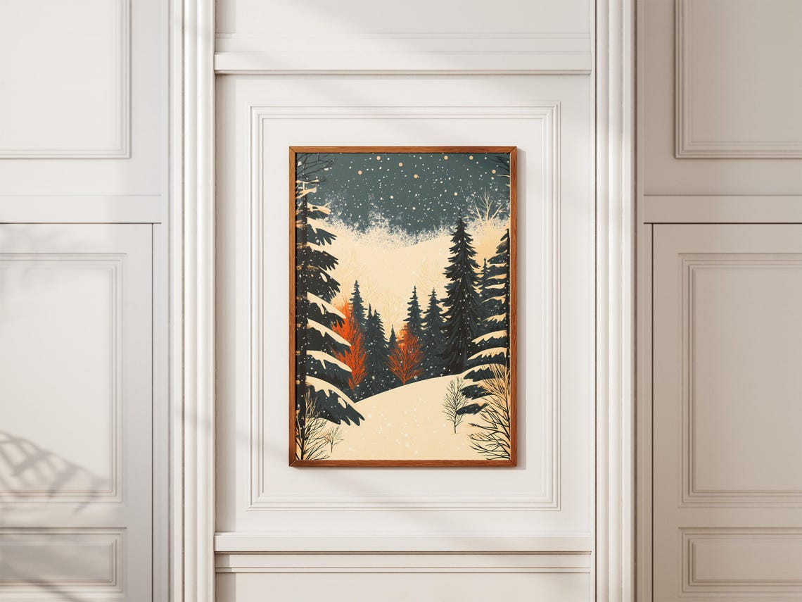 Snowy Pine Forest Under Starry Night Sky Winter Wonderland Poster - Image 2