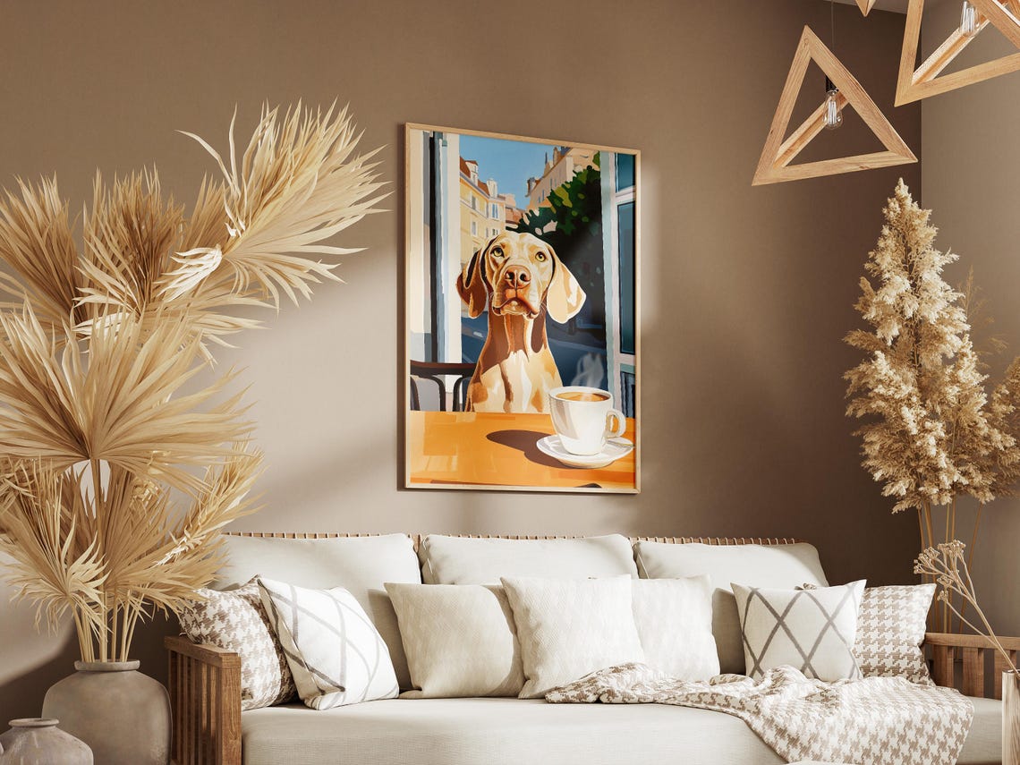 Weimaraner Dog Sitting at Cafe Table With Coffee Cup Art Poster - Image 3