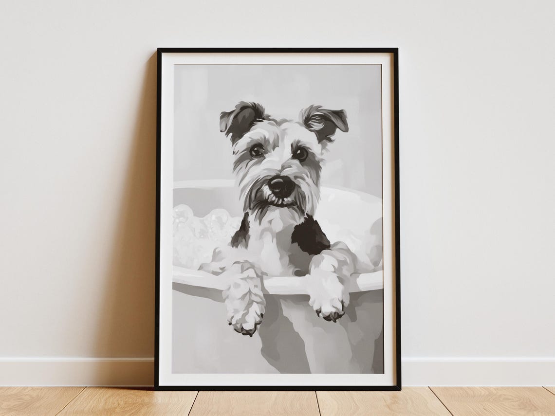 Miniature Schnauzer In Bathtub Poster Bubble Bath Wall Art Funny Dog Print Bathroom Decor Lover Gift