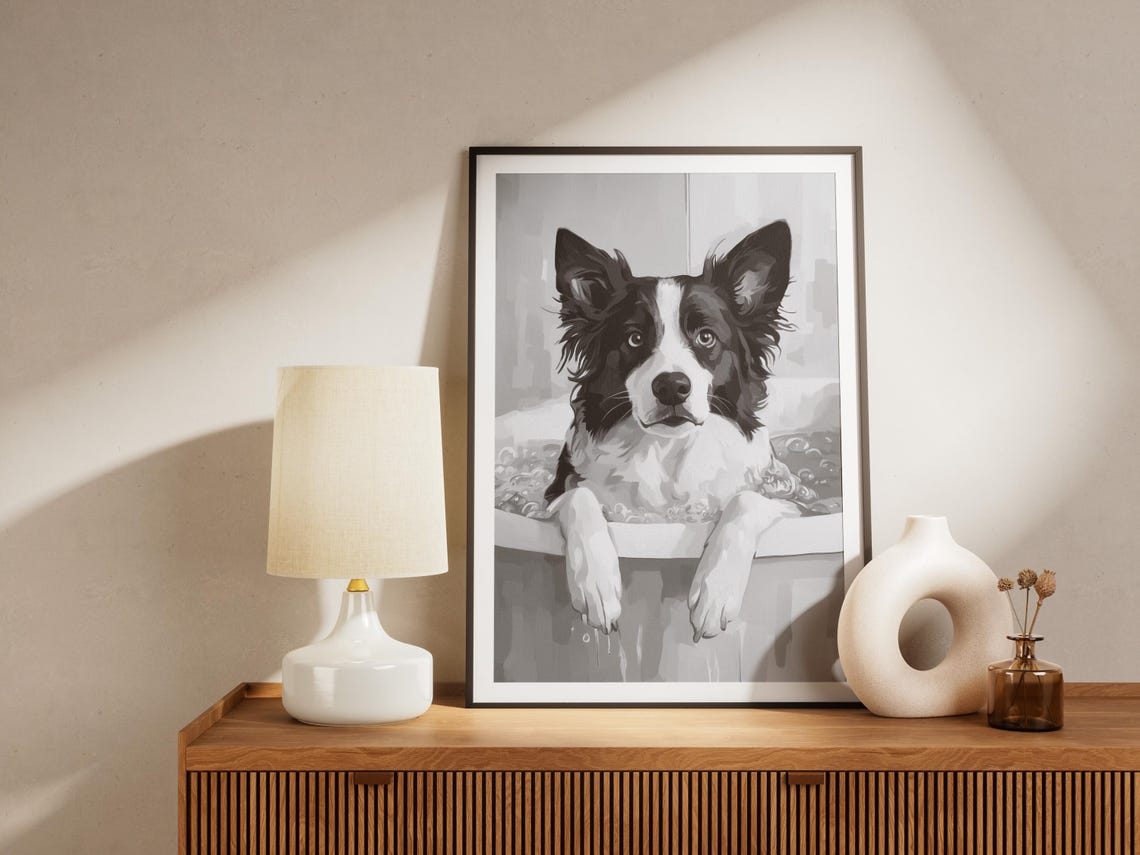 Border Collie Dog In Bathtub Black and White Funny Art Poster - Image 4