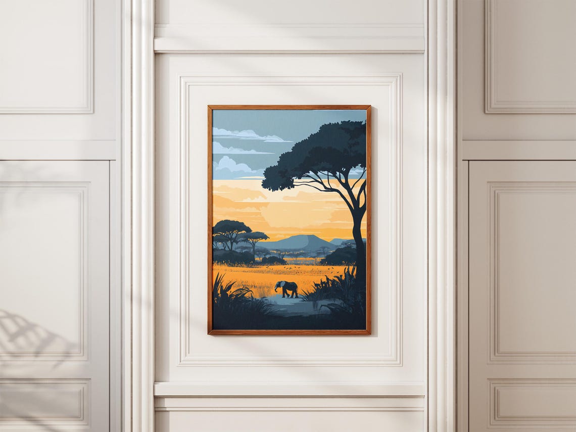 African Savanna Sunset Poster Elephant Acacia Tree Wall Decor Gift - Image 2
