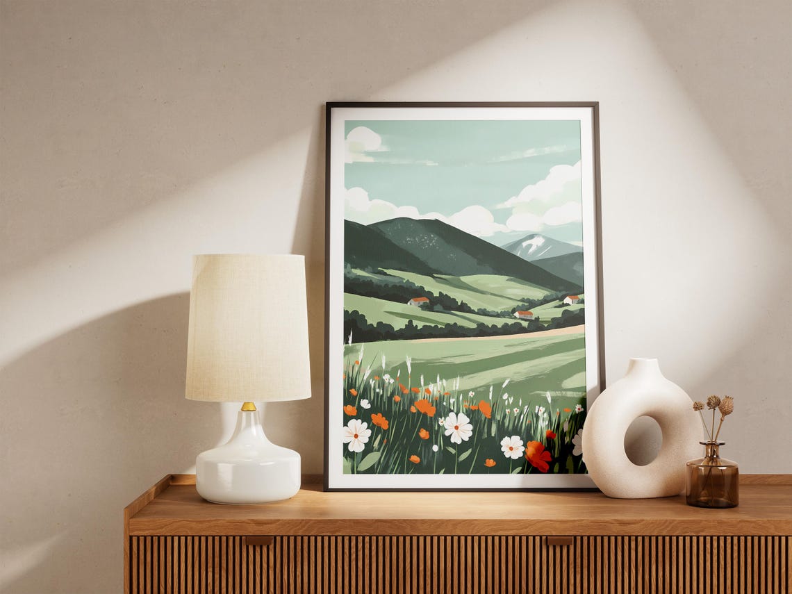 Rolling Green Hills Farmhouse With Wildflower Meadow Art Poster - Image 5
