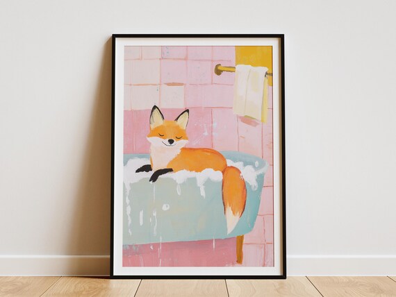 Sleepy Orange Fox Floating In Mint Bubble Bath Bathroom Poster