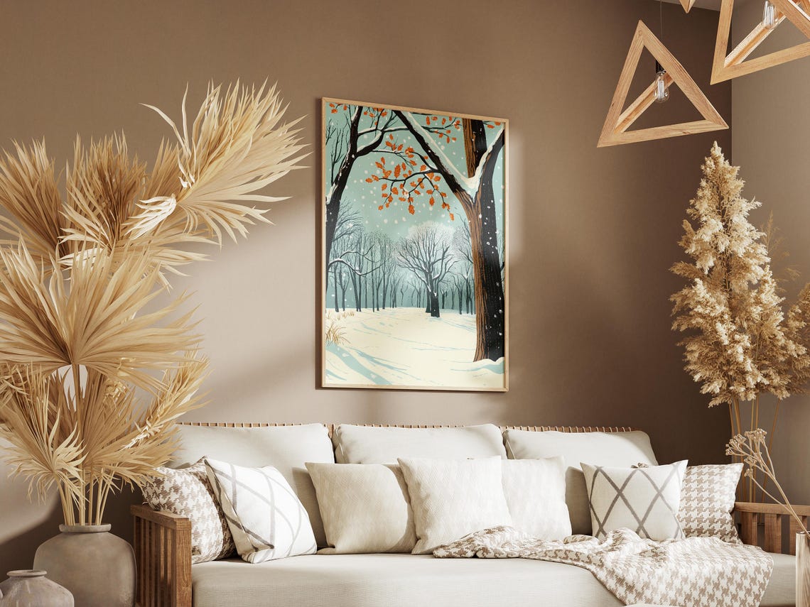 Winter Forest Path With Snow and Late Autumn Orange Leaves Poster - Image 3