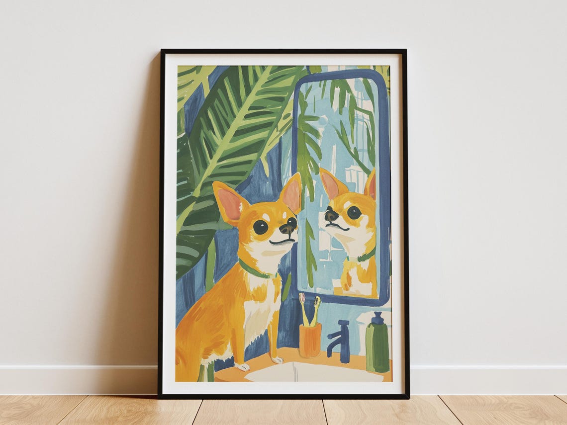 Chihuahua Looking in Mirror Tropical Bathroom Funny Dog Poster