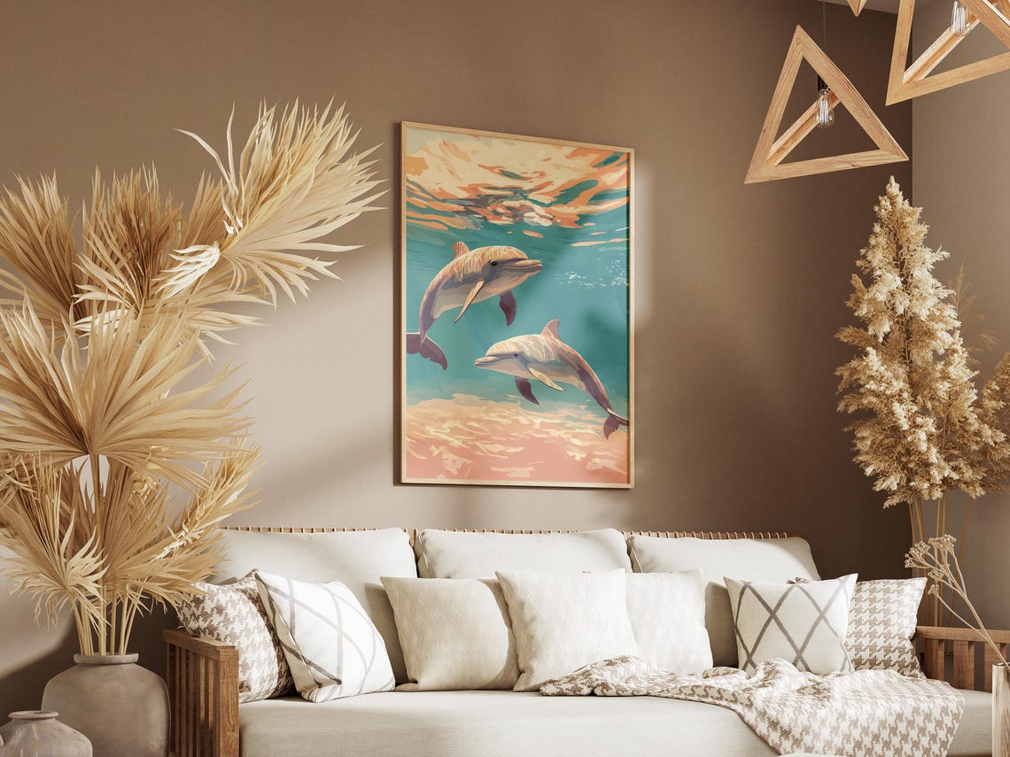 Two Playful Dolphins Swimming in a Pastel Turquoise Ocean Poster - Image 3