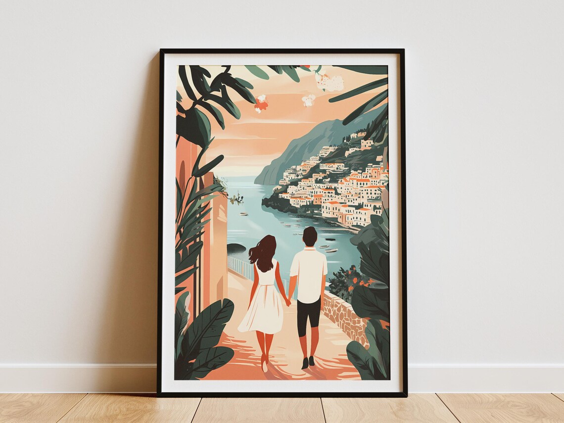 Romantic Couple Hand In Hand Amalfi Coast Italy Travel Poster