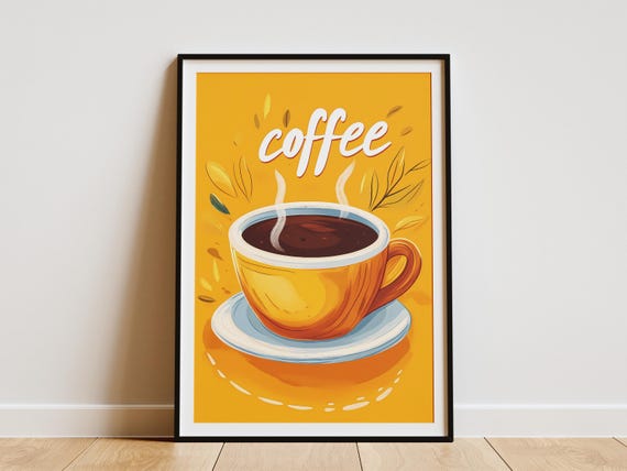 Hot Coffee Poster Yellow Coffee Cup Print Coffee Drink Illustration Flat Minimalist Coffee Art Modern Kitchen Decor Cafe Wall Art Coffee