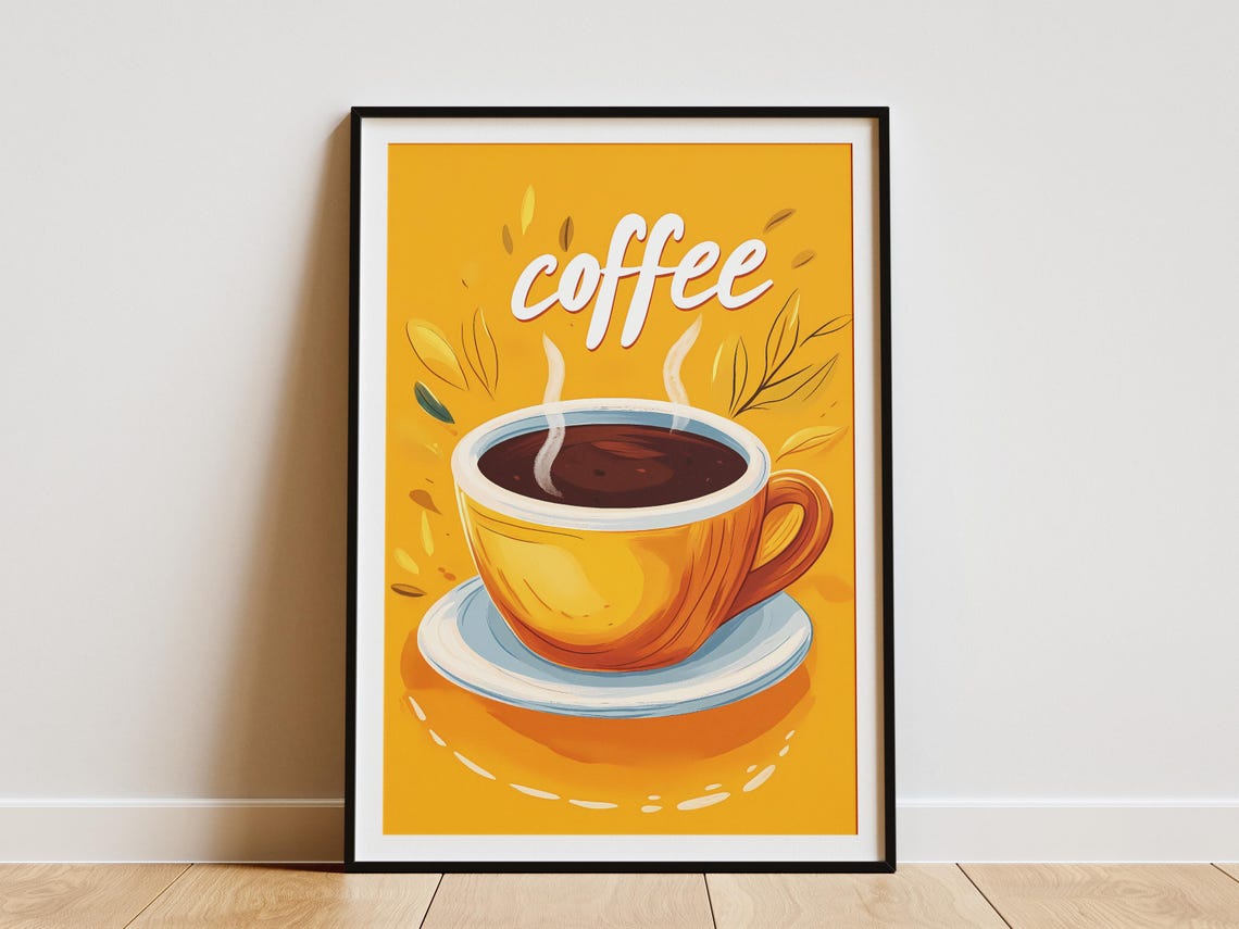 Hot Coffee Yellow Cup Minimalist Morning Illustration Poster