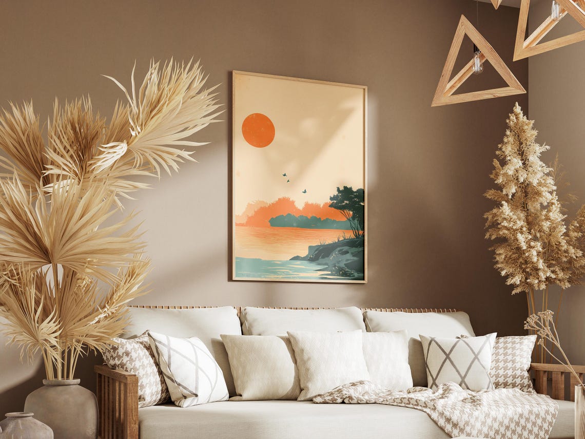 Minimalist Sunset Over Water with Birds Silhouette Art Poster - Image 3