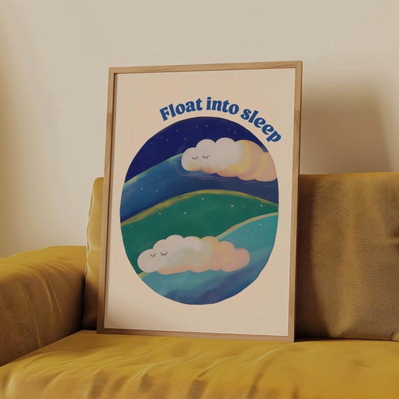 Float Into Sleep Bedside Art Night Sky Bedroom Mindfulness Whimsical Neutral Nursery Wall Decor Kids Room Clouds Print Retro Mindful