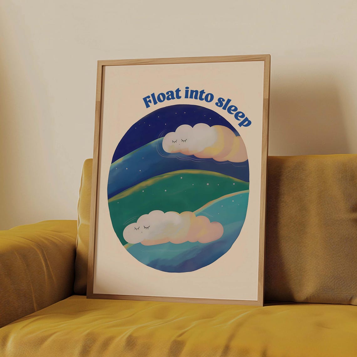 Float Into Sleep Bedside Art Night Sky Bedroom Mindfulness Whimsical Neutral Nursery Wall Decor Kids Room Clouds Print Retro Mindful