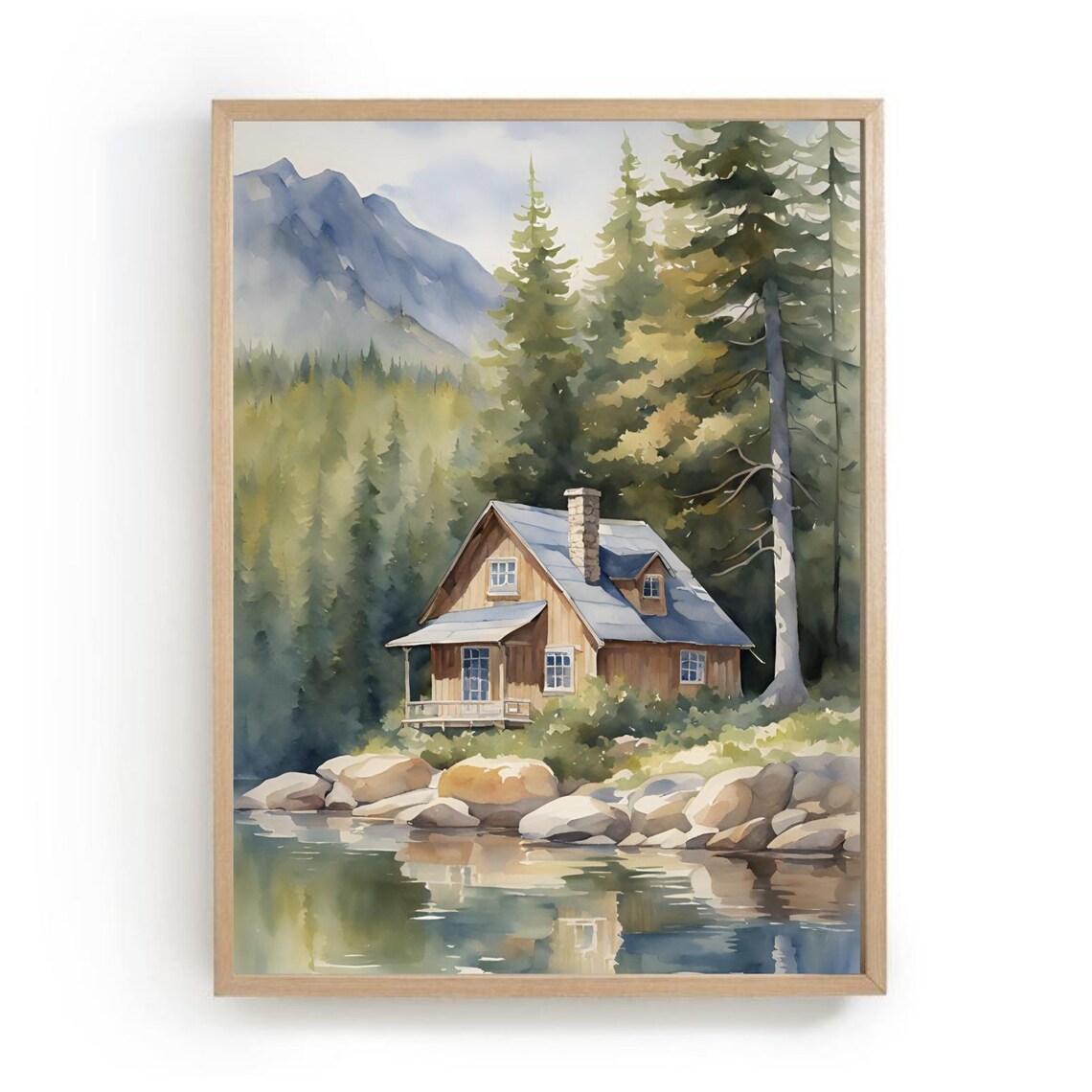 Mountain Lake Cabin Watercolor Painting Rustic Nature Poster