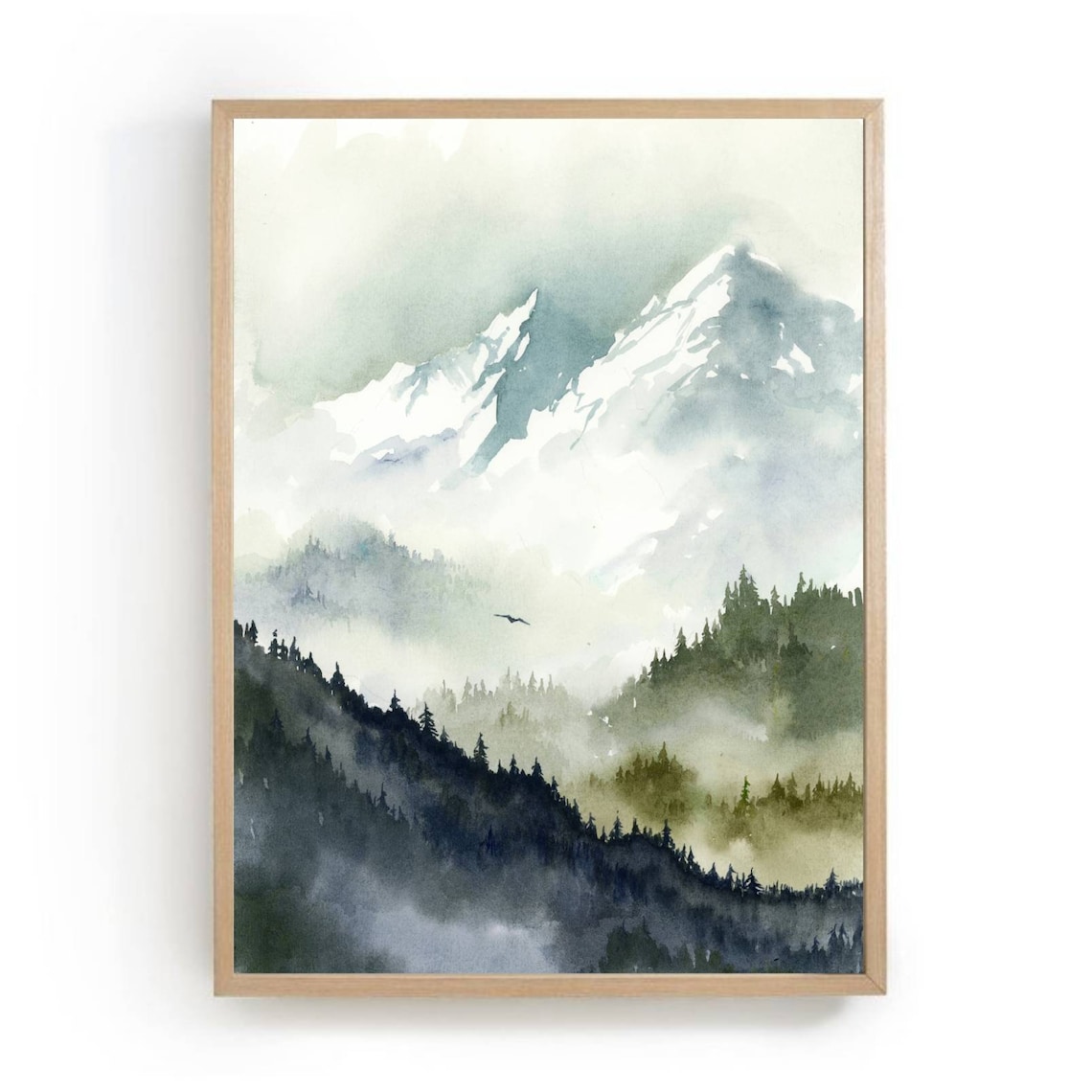 Foggy Mountains Art Print, Teal Forest Landscape