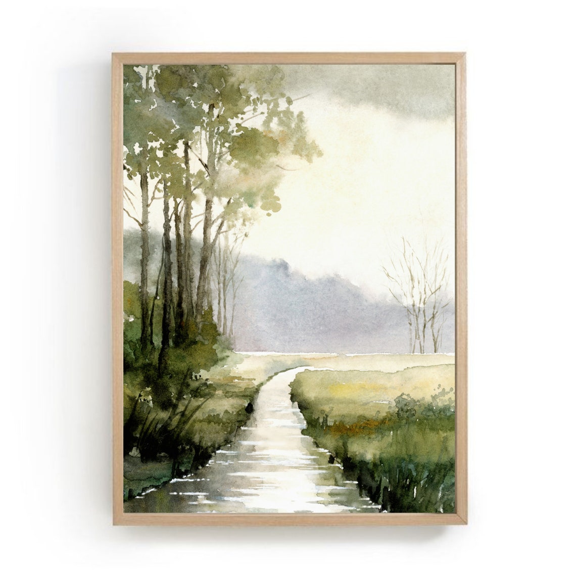 Misty River Watercolor Green Fields Peaceful Countryside Poster