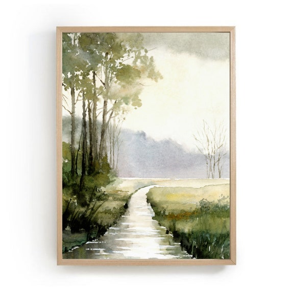 After Rain Landscape Art Print Small River Wall Green Fields Watercolor Painting Countryside Neutral Large