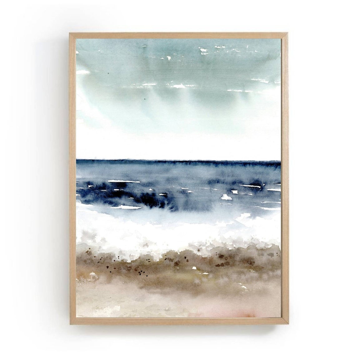 Minimal Ocean Art Watercolor Dark Blue Print Neutral Abstract Sea Painting Wave Wall Decor Misty Beach