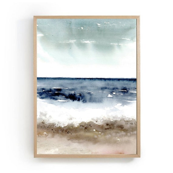 Minimal Ocean Art Watercolor Dark Blue Print Neutral Abstract Sea Painting Wave Wall Decor Misty Beach