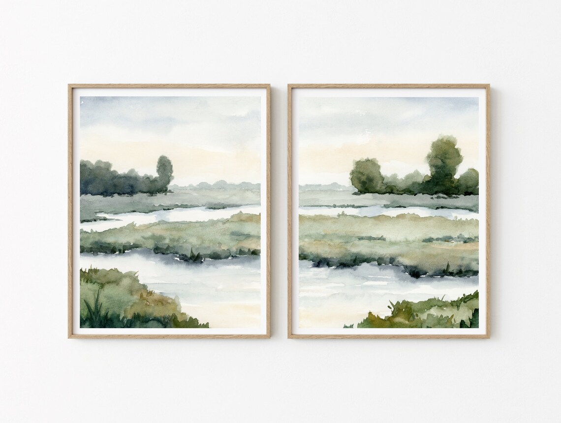 Marsh Watercolor Landscape Set Of 2, Coastal Prints