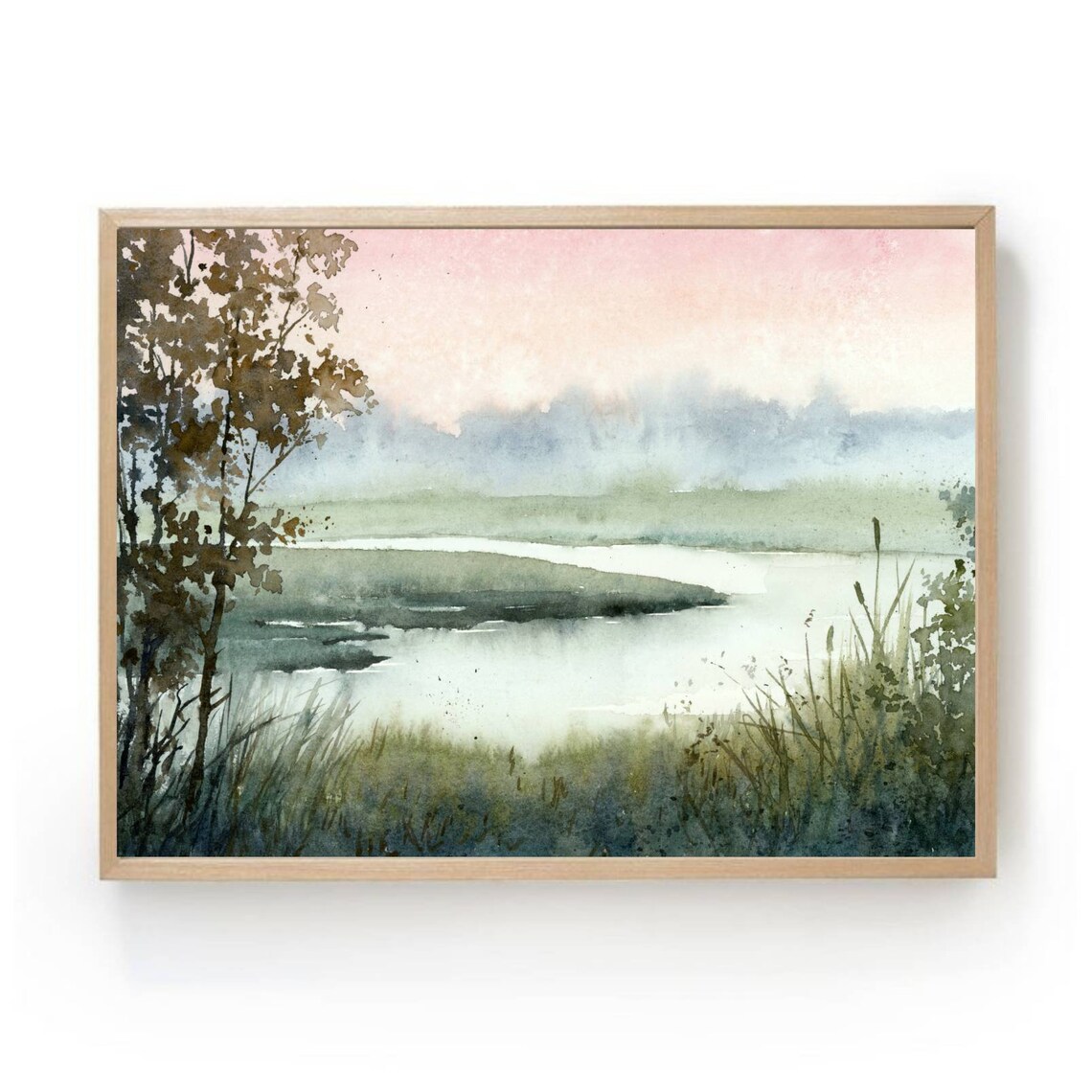 Sunset River Watercolor Panoramic Landscape Art Print