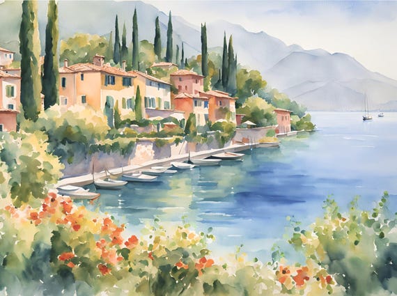 Lake Como Italy Landscape Watercolor Art Print