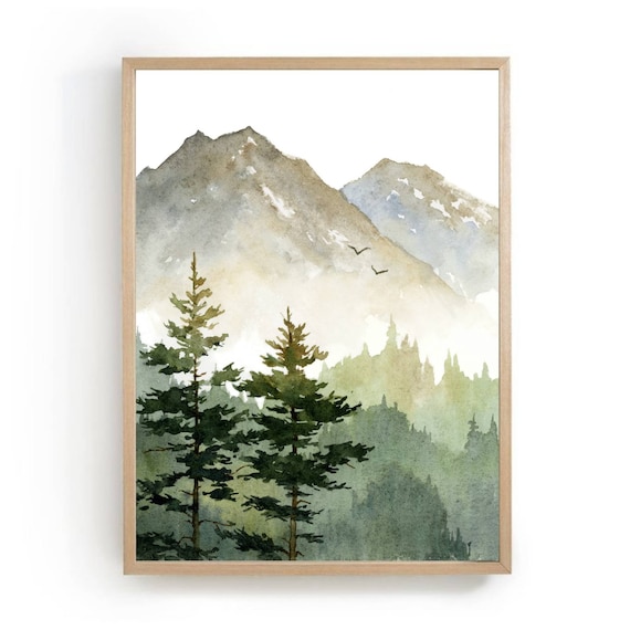 Mountain Forest Watercolor Pine Tree Landscape Art Print