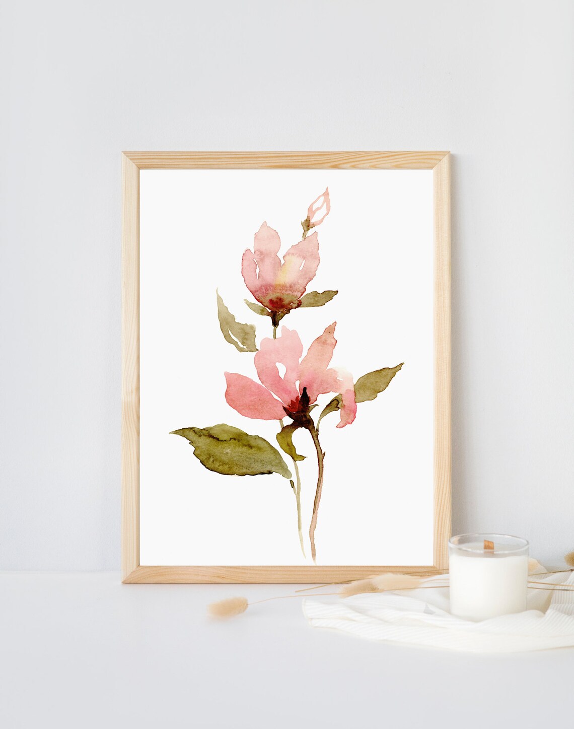 Botanical Watercolor Pink Floral, Farmhouse Art Print