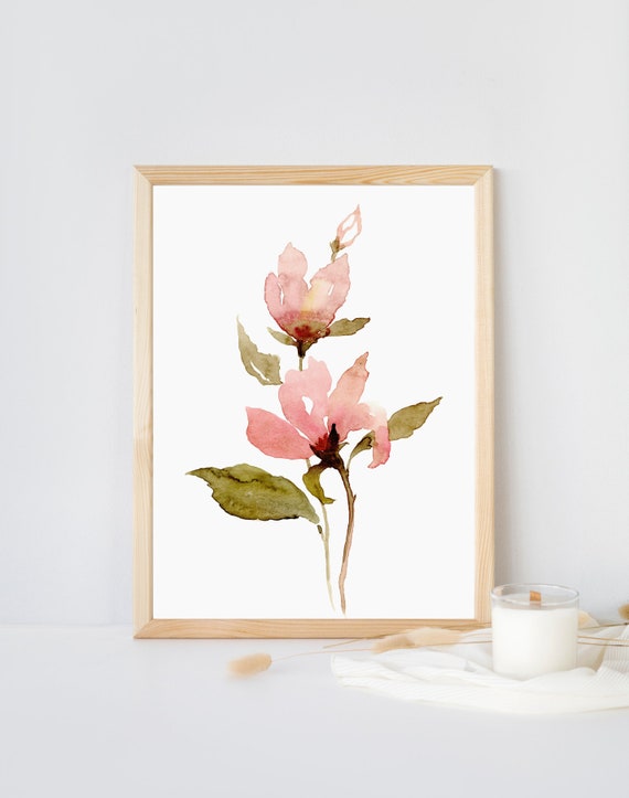 Botanical Watercolor Pink Floral, Farmhouse Art Print