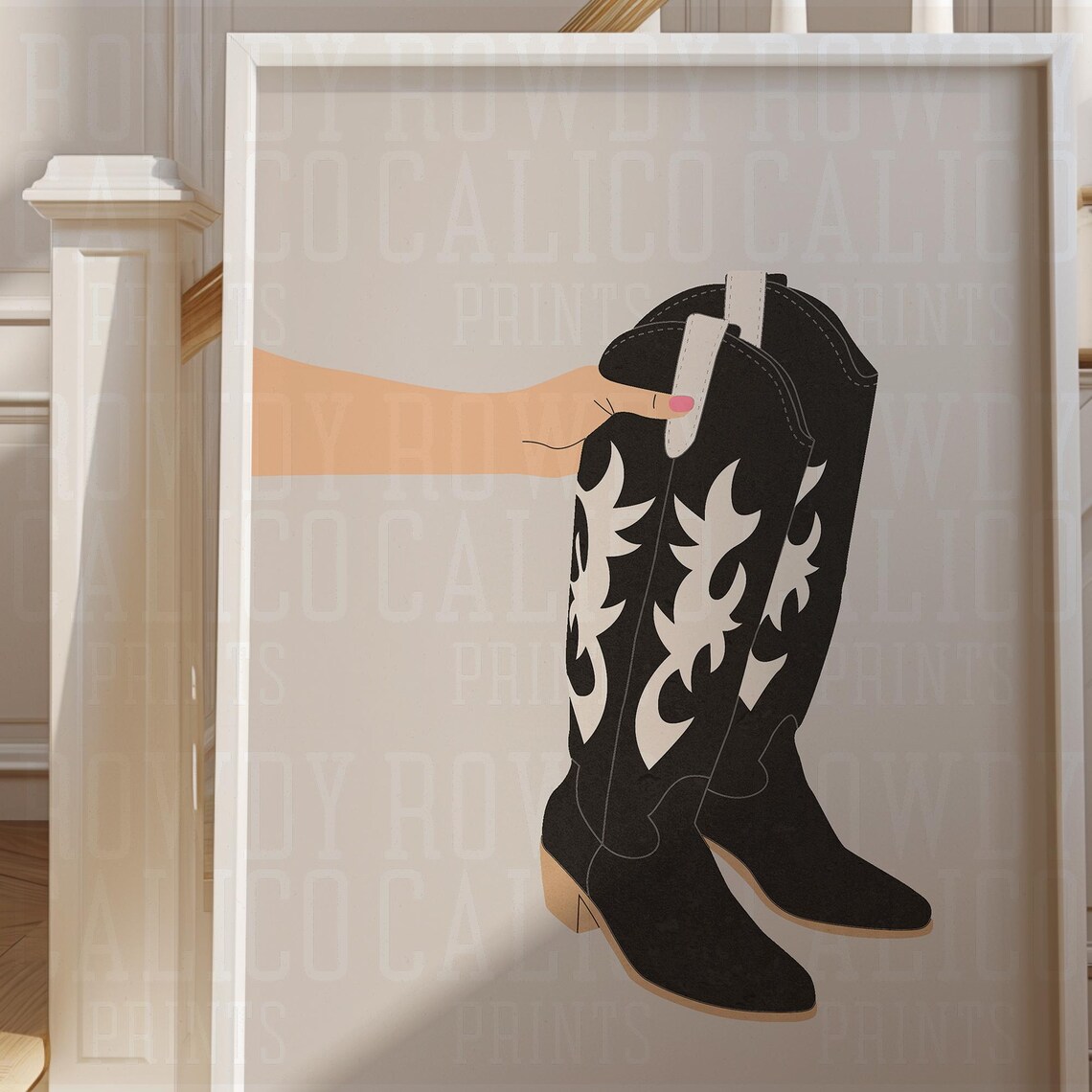 Hand Holding Black Cowboy Boots Minimalist Western Art Poster - Image 3
