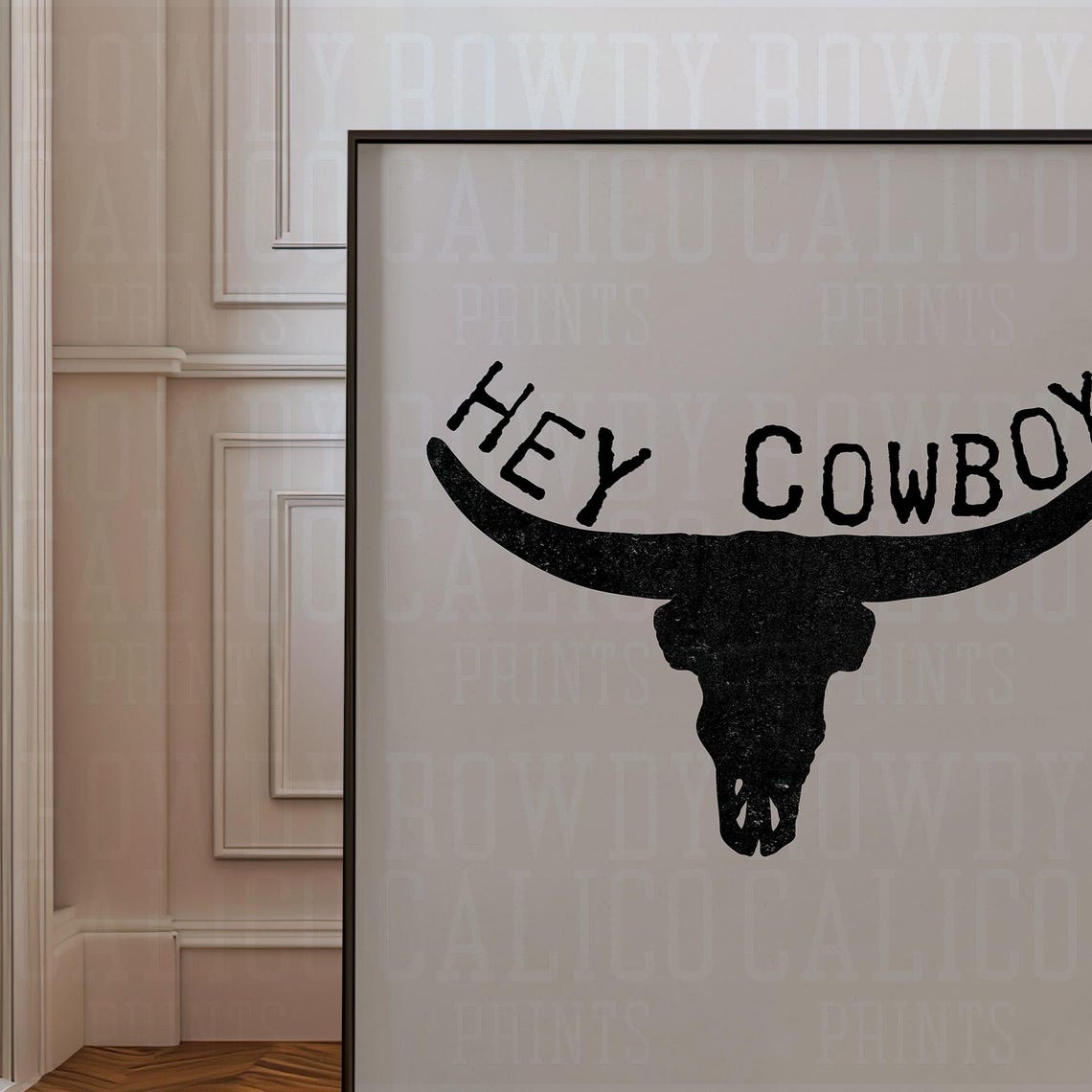 Hey Cowboy Arched Type Black Longhorn Skull Rustic Western Art Poster - Image 3