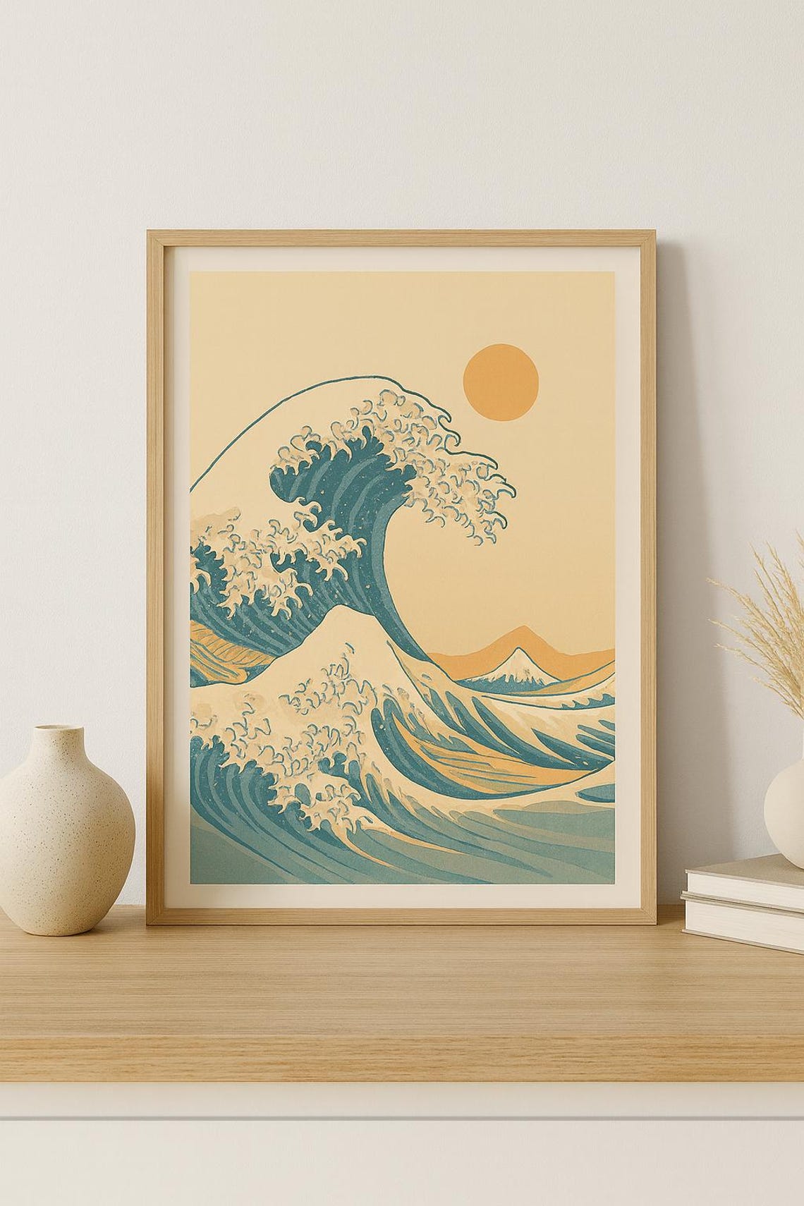 The Great Wave Minimalist Beige Sun Japanese Sea Wave Art Poster