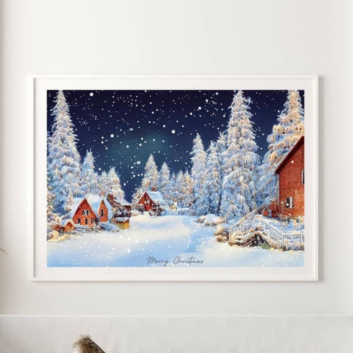 Winter Village Watercolor Poster, Holiday Landscape - Image 2