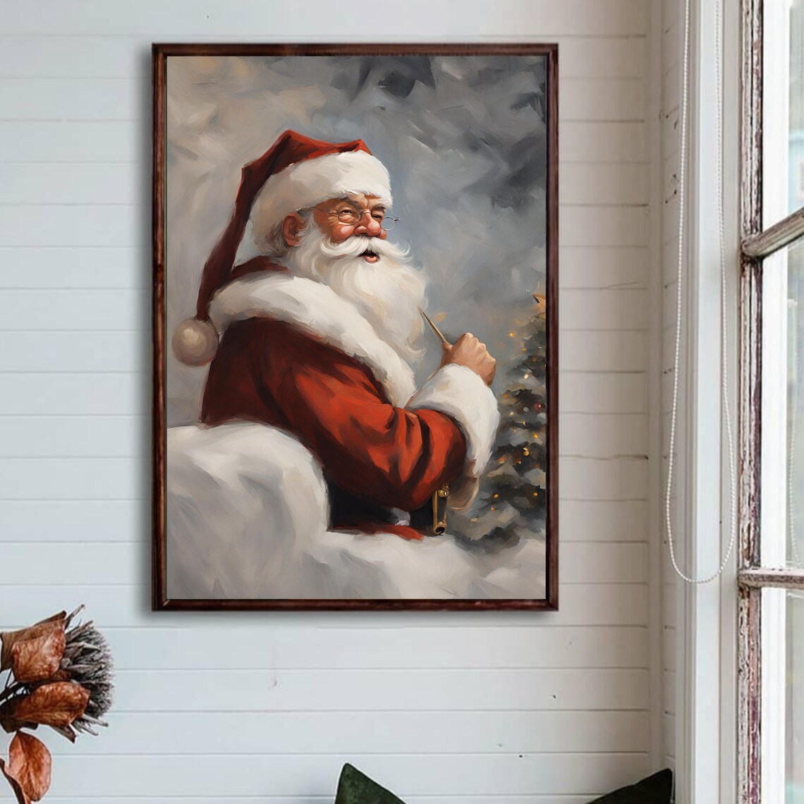 Vintage Santa Claus Oil Painting Pipe Christmas Portrait Poster - Image 3