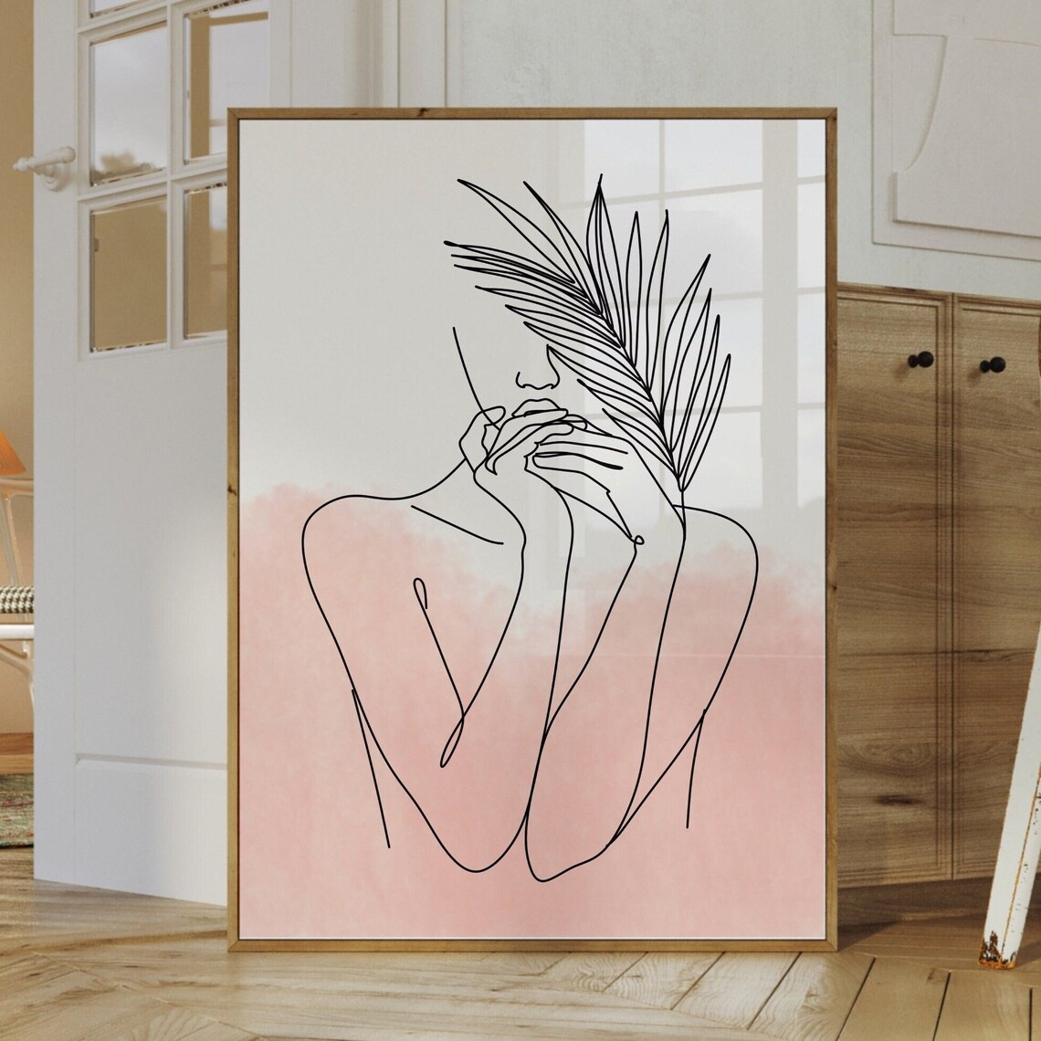 Abstract Line Art Woman Palm Leaf Pink Watercolor Boho Poster - Image 3