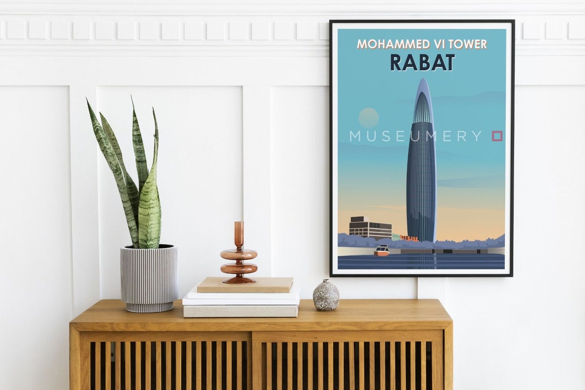 Mohammed VI Tower Rabat Morocco Retro Travel Poster Blue Sky - Image 2