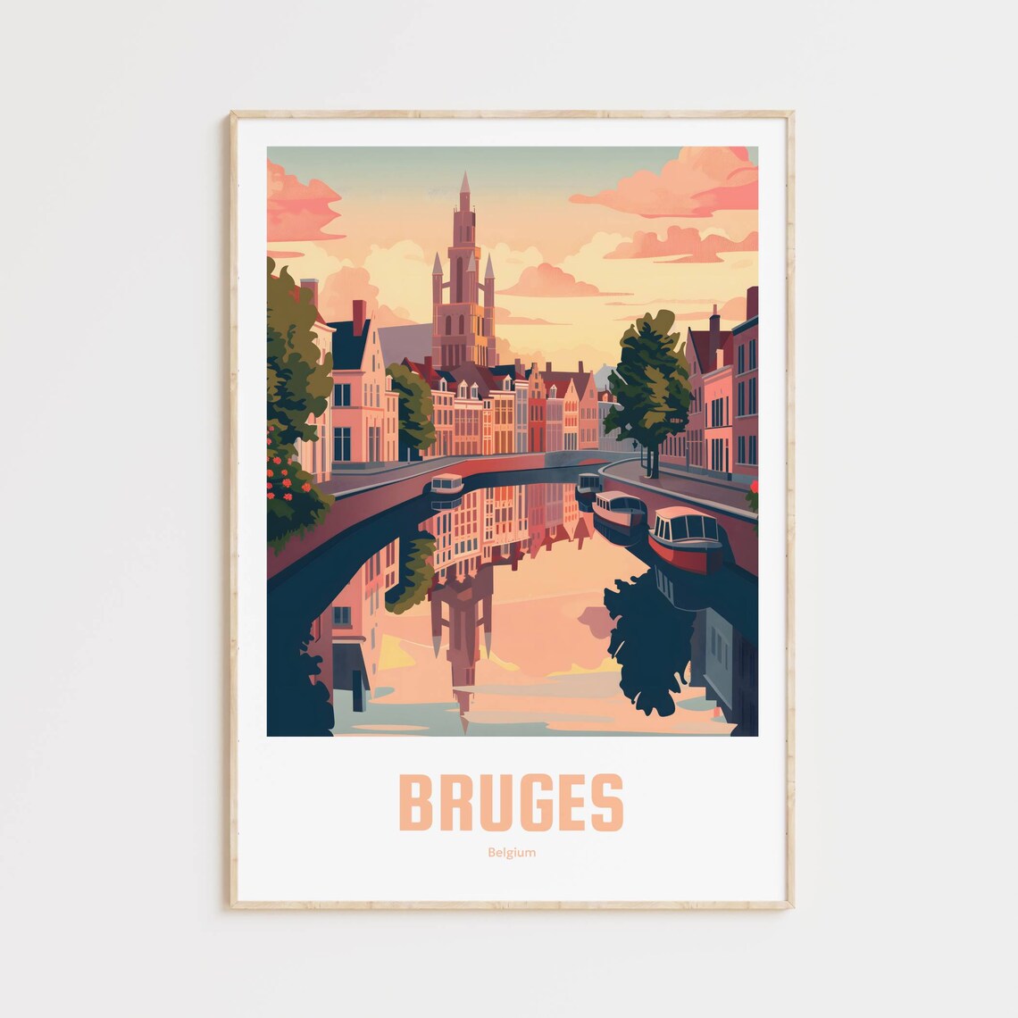 Bruges Belgium Canal Belfry Sunset Romantic Vintage Travel Poster