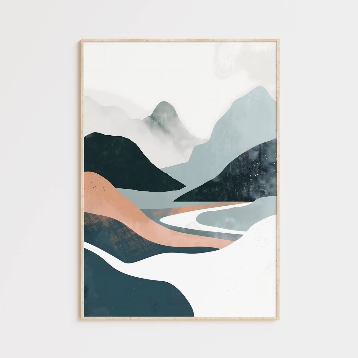 Scandi Boho Abstract Mountain Valley Navy Blush Decor Art Poster