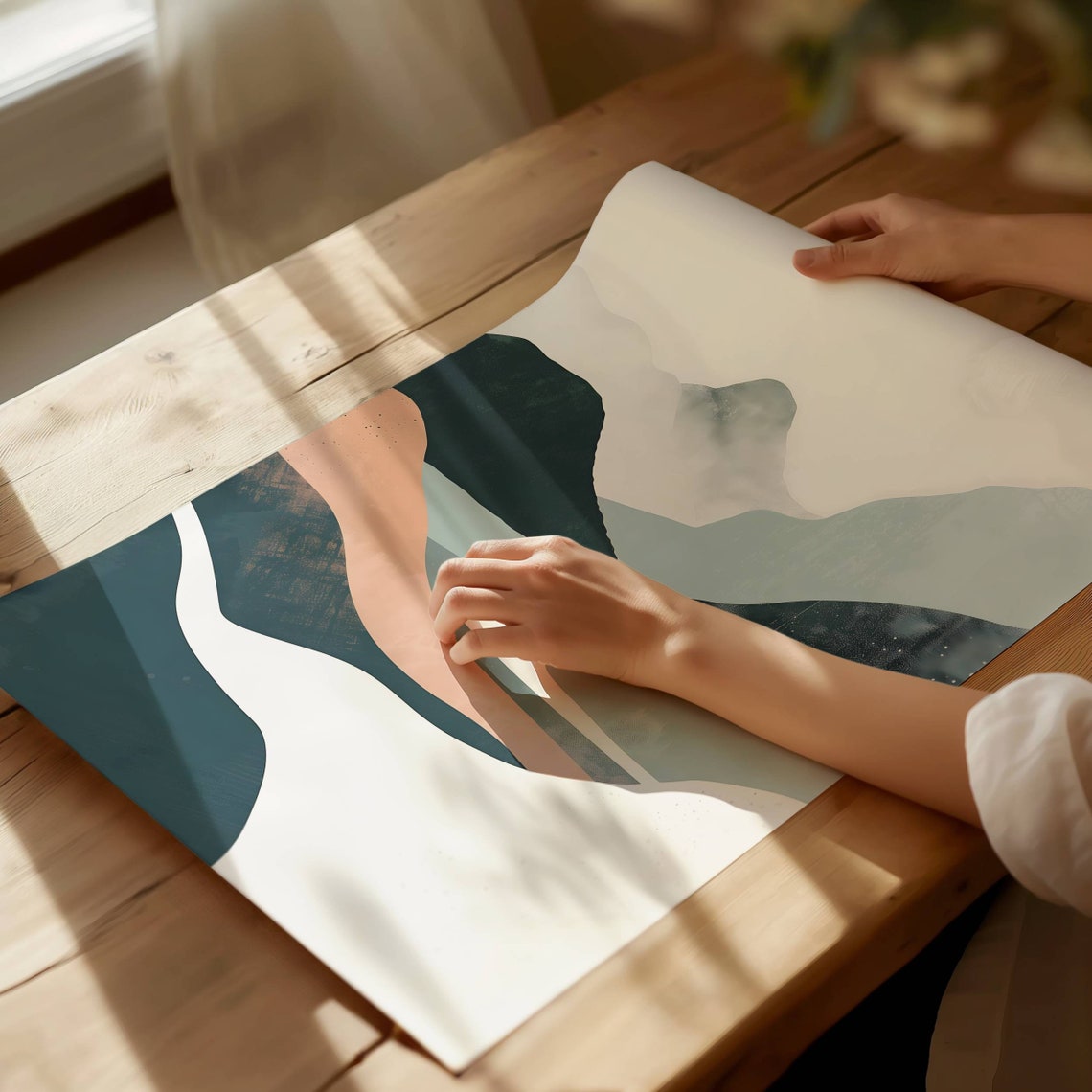 Scandi Boho Abstract Mountain Valley Navy Blush Decor Art Poster - Image 4