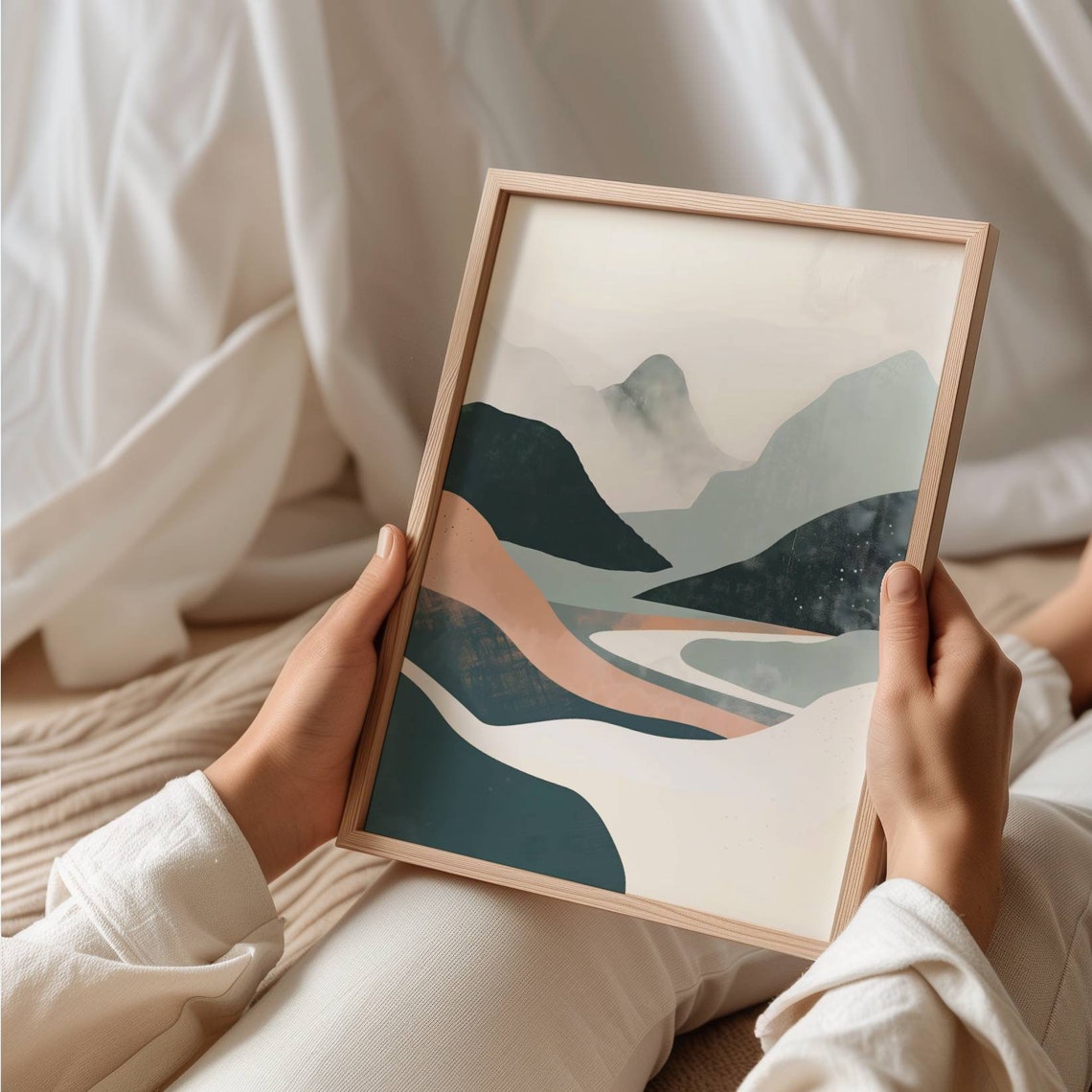 Scandi Boho Abstract Mountain Valley Navy Blush Decor Art Poster - Image 3