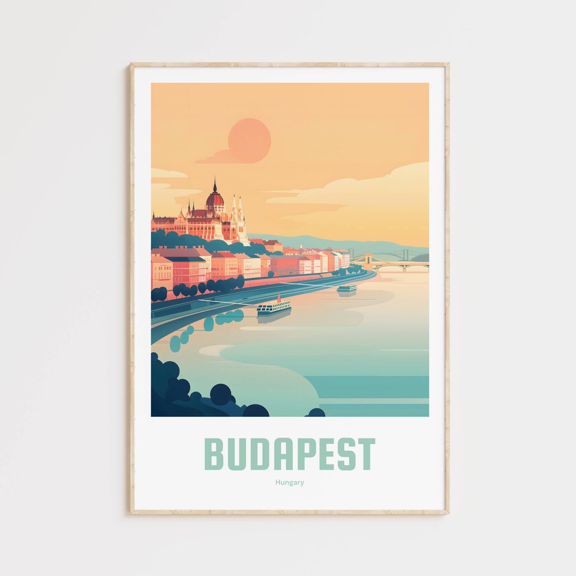 Budapest Parliament Sunset Danube River Vintage Travel Poster