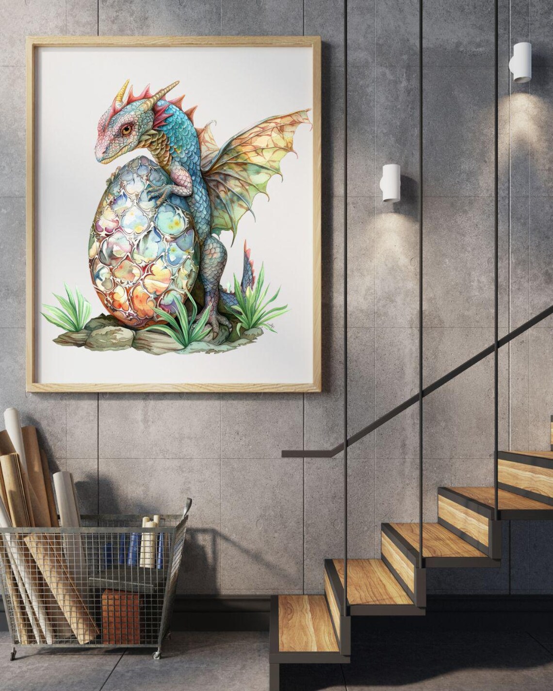 Watercolor Baby Dragon Hugging Decorated Egg Fantasy Wall Art
