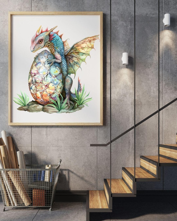 Watercolor Baby Dragon Hugging Decorated Egg Fantasy Wall Art