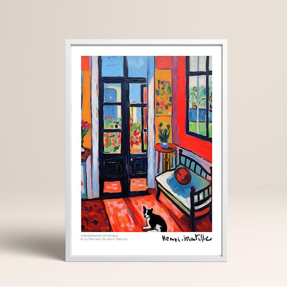 Matisse Style Bold Red Interior Black Cat Window Scene Art Poster