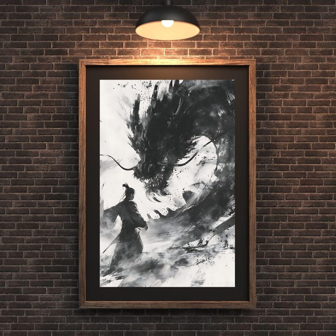Dramatic Ink Wash Dragon Warrior Black White Asian Art Poster - Image 3
