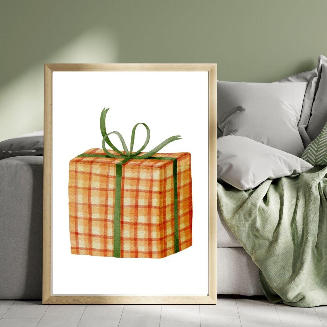 Watercolor Plaid Gift Box With Green Ribbon Bow Christmas Poster - Image 2