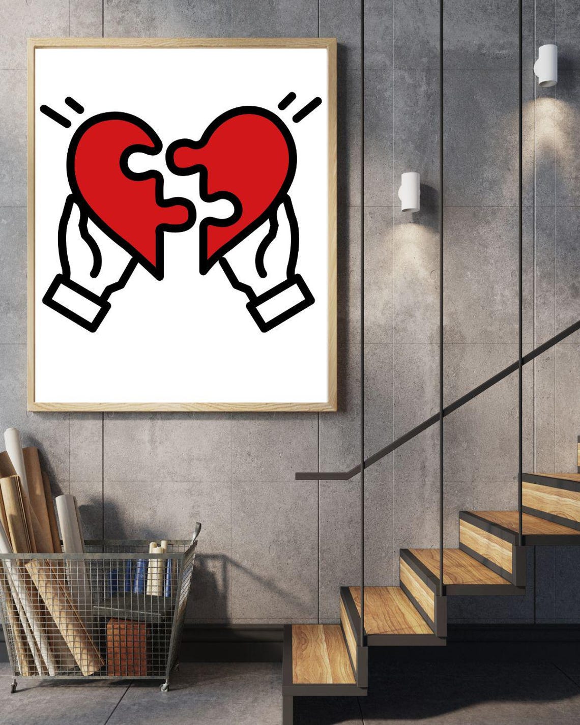 Keith Haring Style Hands Holding Puzzle Heart Romantic Pop Art Poster - Image 3